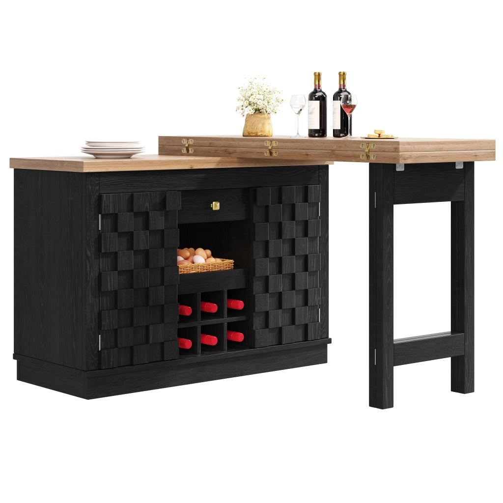 Credenza da cucina girevole a 360° con 2 piani; ante patchwork; 1 cassetto; portabottiglie estraibile; per cucina; MDF nero; 120 × 40 × 74.2 cm