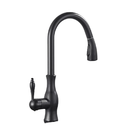 NAVIS | Elegante rubinetto cucina estraibile in acciaio inox nero, arco alto, miscelatore di lusso, alta pressione, 360°, 2 attacchi
