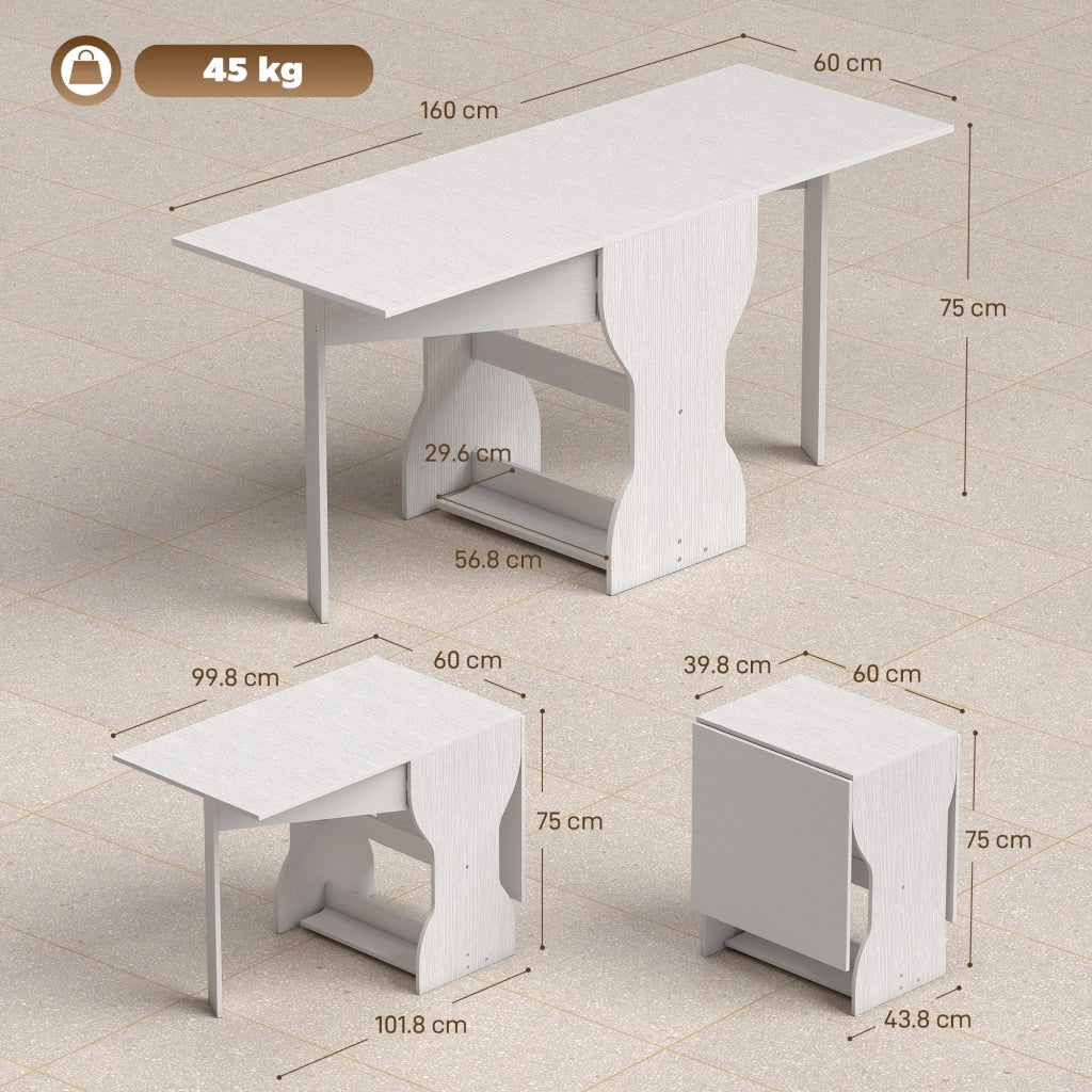 Tavolo da Pranzo Pieghevole 160x60x75 cm per 4 Persone con Ripiano in Legno Bianco