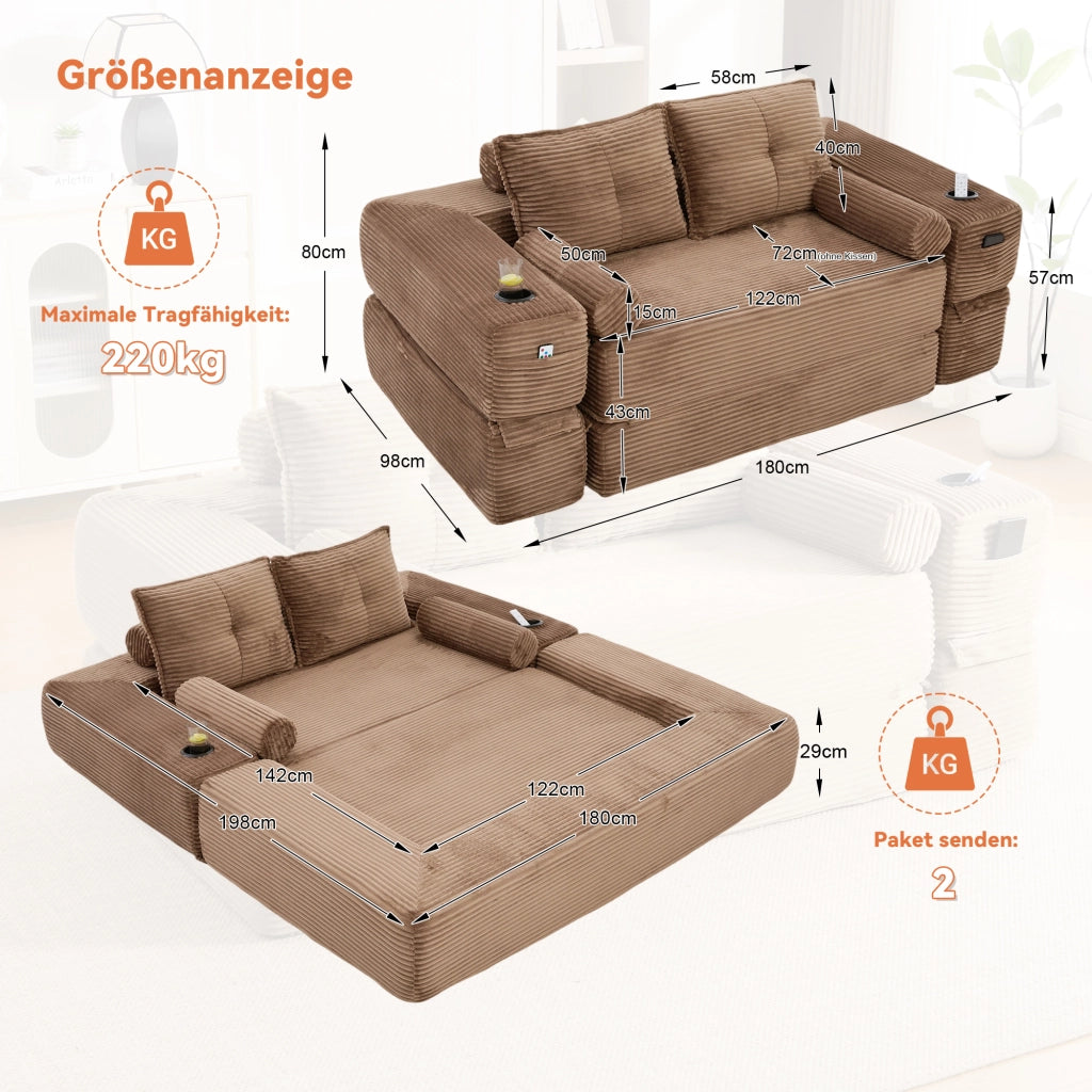 Divano letto pieghevole con portabicchieri tasche laterali e cuscini in memory foam in velluto a coste marrone