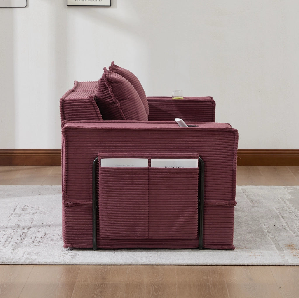 Divano 2 posti 162x78x66 cm bordeaux con cuscini, vano portaoggetti e portabicchieri