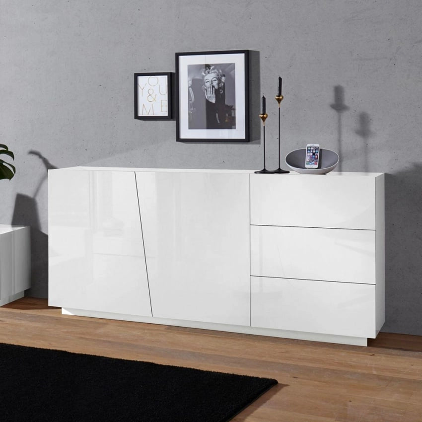 Credenza VEGA: Moderna con 2 ante a battente e 3 cassetti, colore bianco lucido 180.