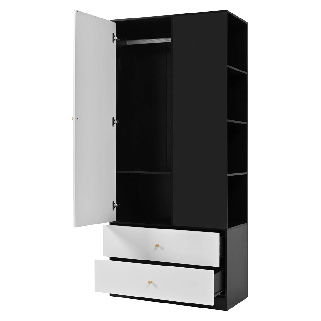Armadio con specchio a 1 anta, 2 cassetti e 4 vani aperti, per camera e ingresso, bianco e nero, 80 × 40 × 180 cm
