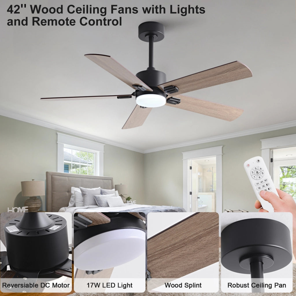 Ventilatore da soffitto 42 pollici con luce LED; 5 pale; telecomando; nero e noce scuro