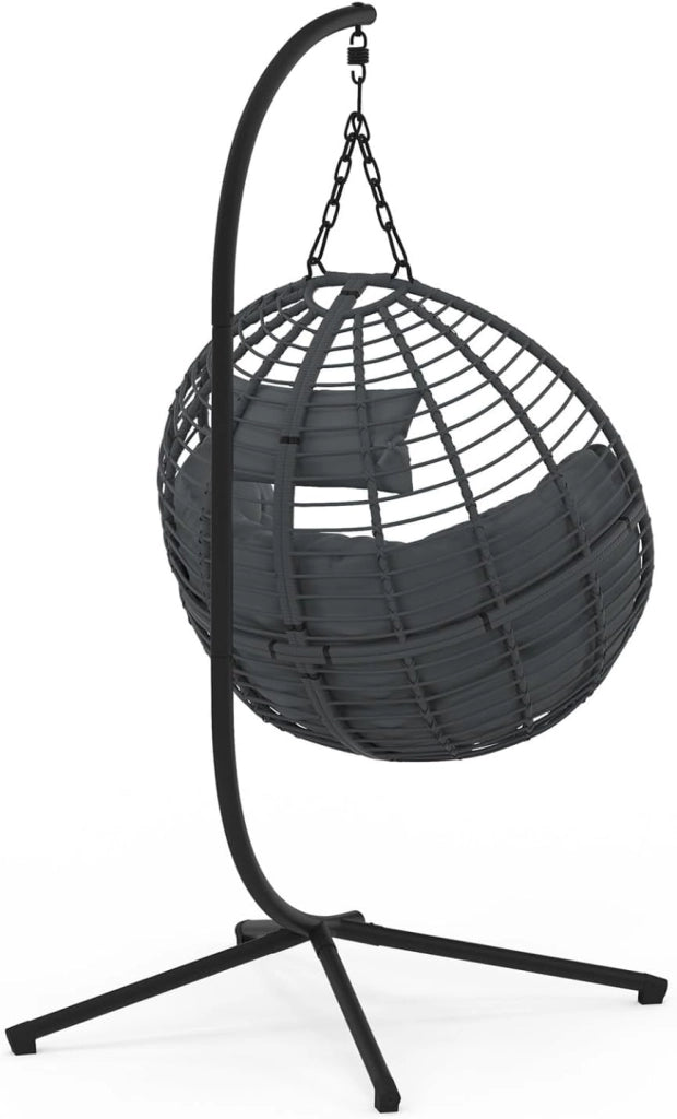 Poltrona Rotonda Traforata con Effetto Rattan Grigio e Cuscino Grigio