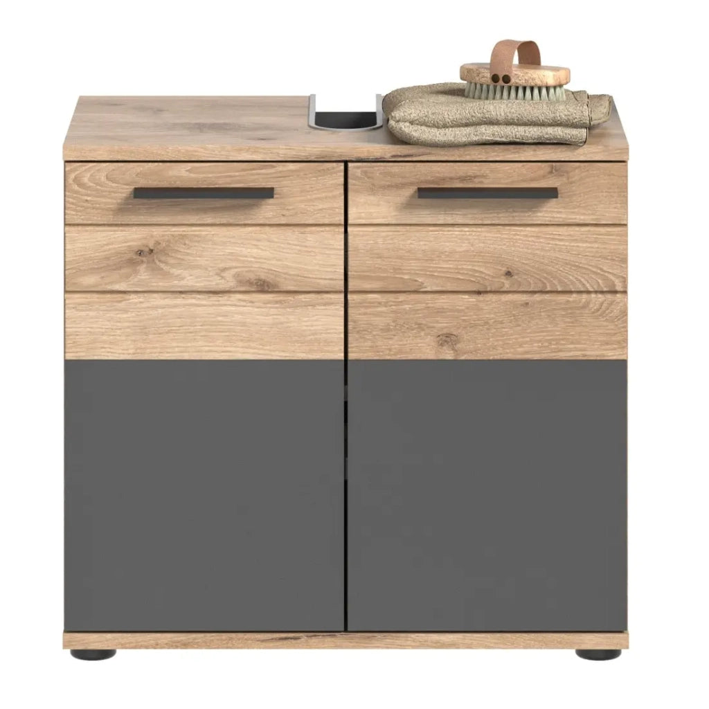 Set da bagno: mobile sotto lavabo + 2 mezze colonne + mobiletto contenitore con specchi – Grigio antracite e rovere