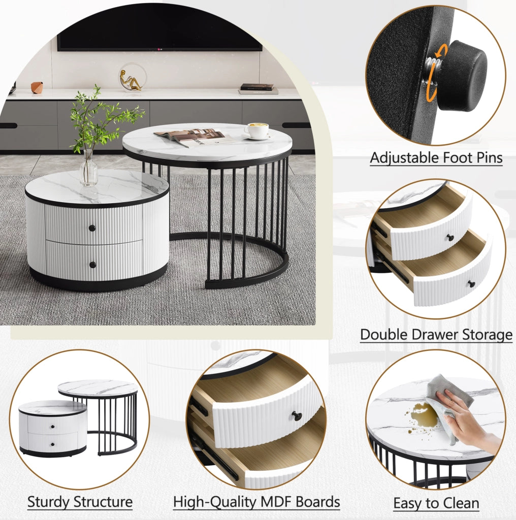Set di 2 tavolini da caffè rotondi con finitura effetto marmo lucido; bianco e nero; MDF