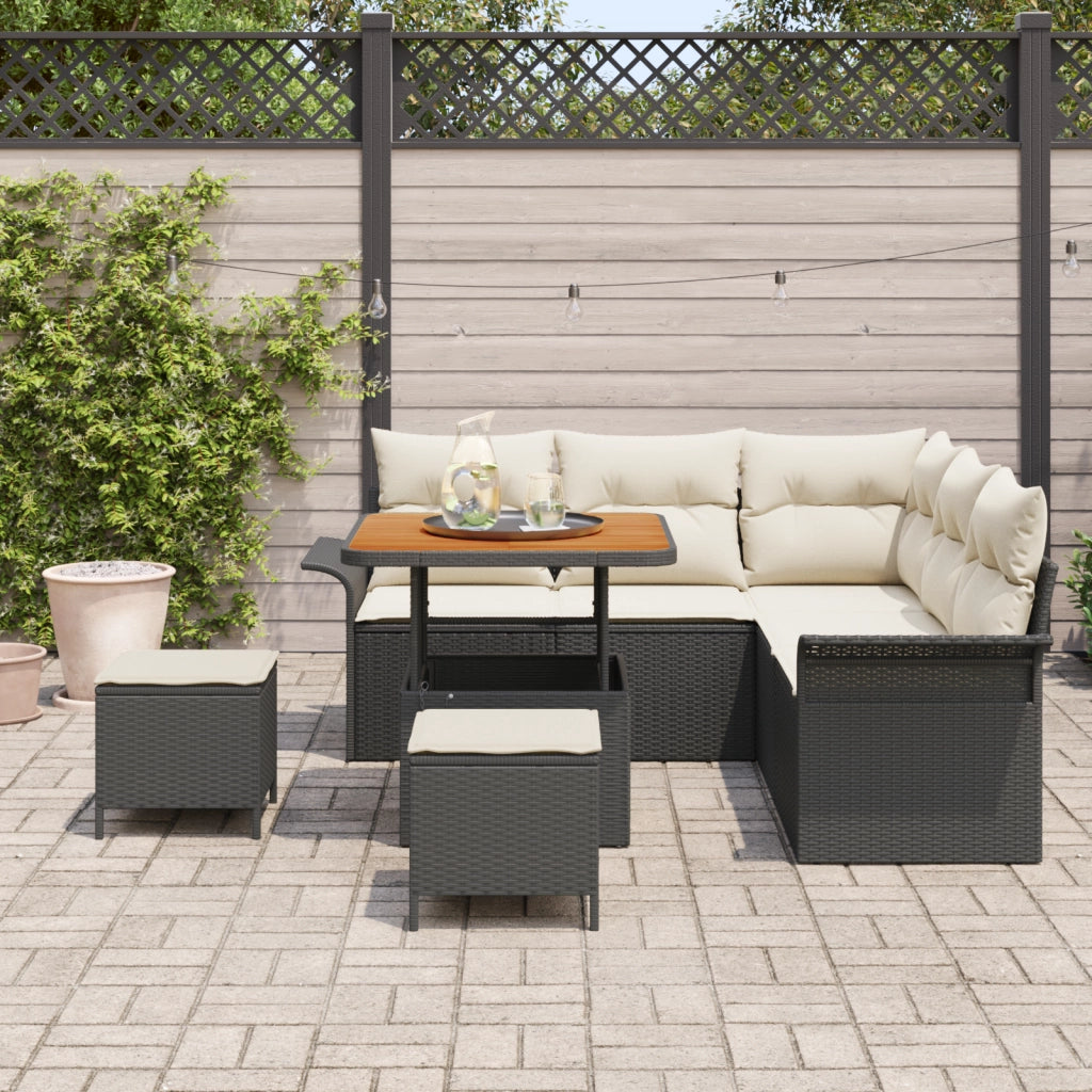Set da giardino da 8 pezzi con cuscini Nero Polyrattan Acacia