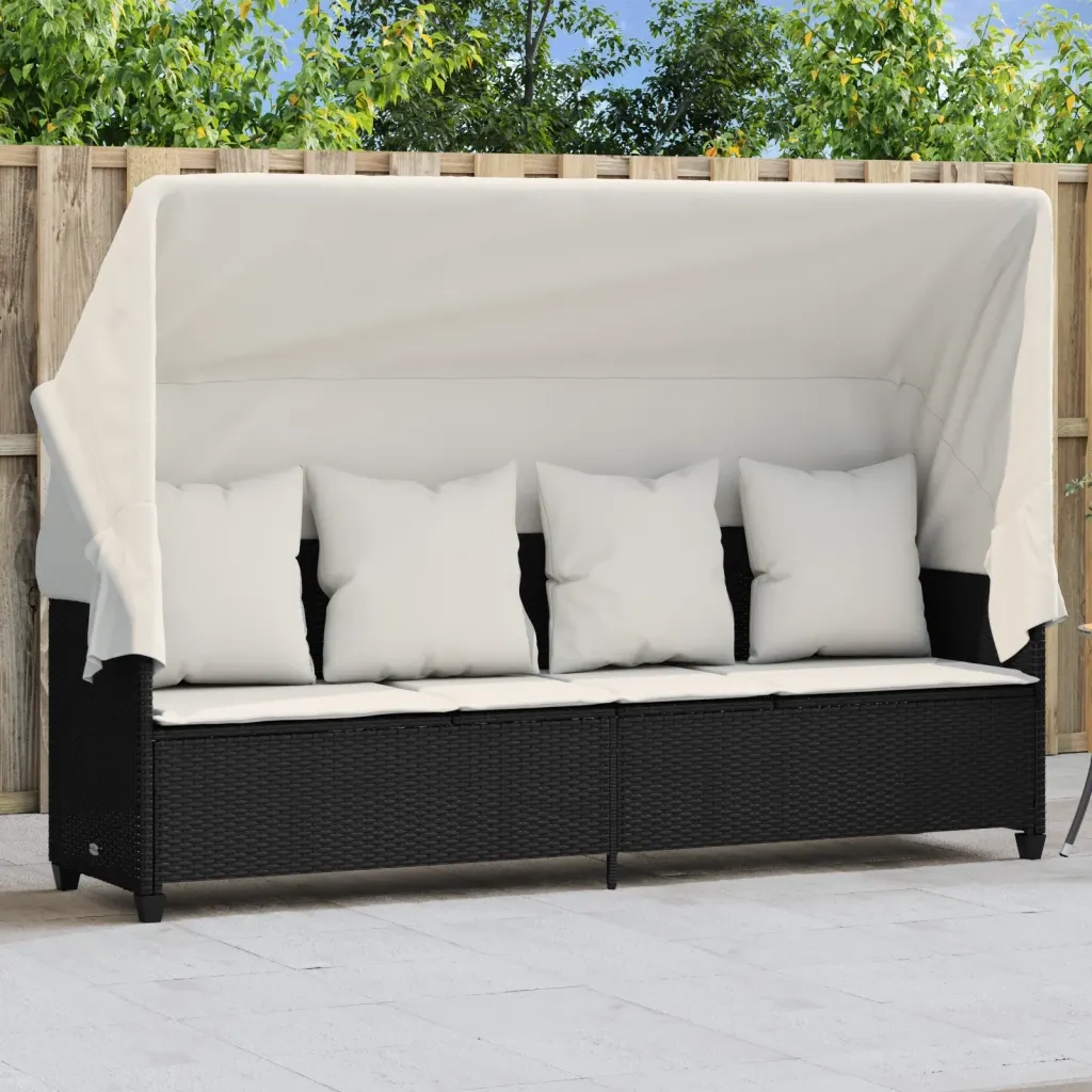 Lettino Prendisole con Baldacchino e Cuscini Nero Polyrattan 368353