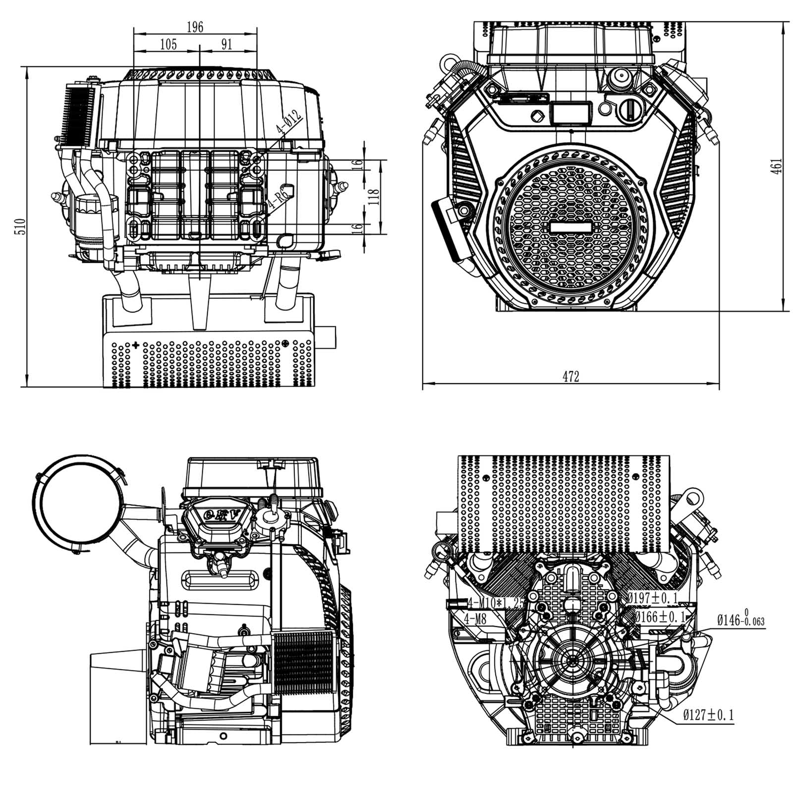 LIFAN 2V80F Motore a benzina a 2 cilindri, 24kW, avviamento elettrico per trattori ed escavatori