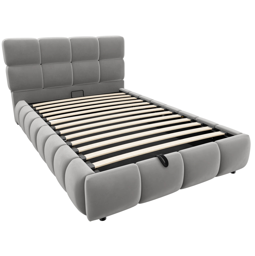 Letto imbottito 90x200 cm in velluto grigio con contenitore; LED e rete a doghe