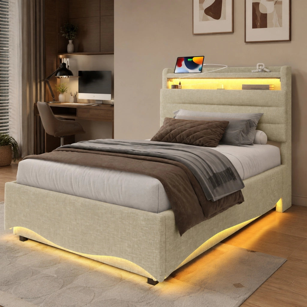 Letto imbottito con contenitore, LED e porte di ricarica