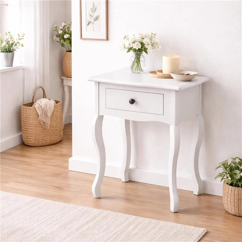MA MAISON COMODINO BIANCO IN LEGNO, TAVOLINO DA NOTTE SHABBY CHIC CON CASSETTO ESTRAIBILE PER CAMERA DA LETTO E SALOTTO