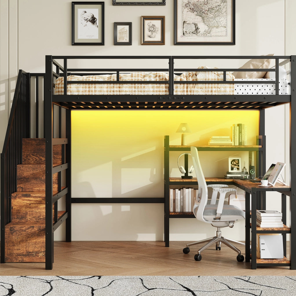 Letto a soppalco matrimoniale 140x200 cm con scrivania; scale contenitore; LED; nero