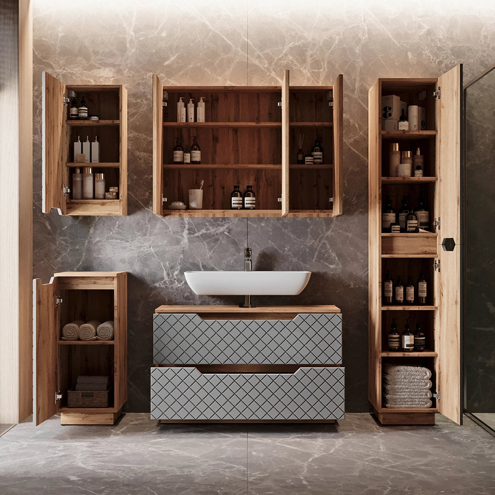 Vicco Set di mobili da bagno Rovere/grigio con struttura in piastrelle 5 parti