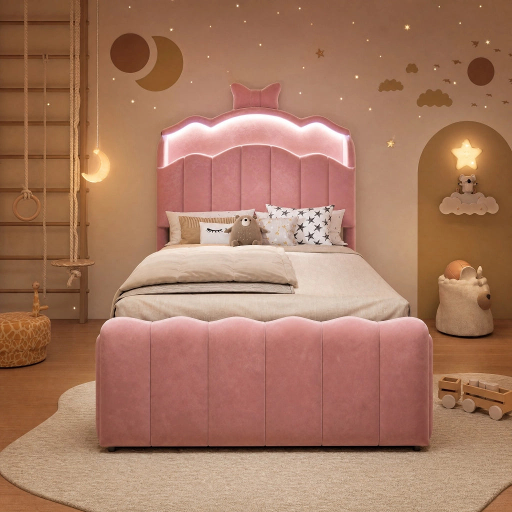 Letto per bambini imbottito 90x200 cm in velluto rosa con LED; USB; USB-C e contenitore