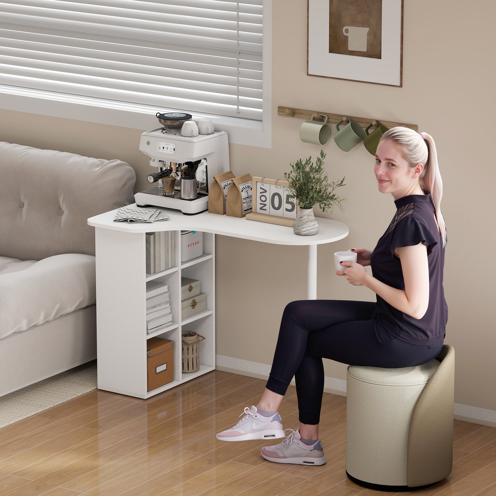 Scrivania per Camera Ricurva 100x59x75,5 cm con 6 Ripiani e 4 Scaffali Regolabili in Acciaio e Legno Bianco