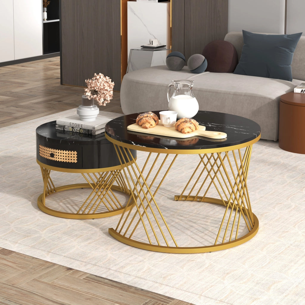 Tavolini da Caffè Impilabili Rotondi con 1 Cassetto; Piano Effetto Marmo; Stile Lusso Leggero; in MDF; Nero; 70×70×45;5 cm