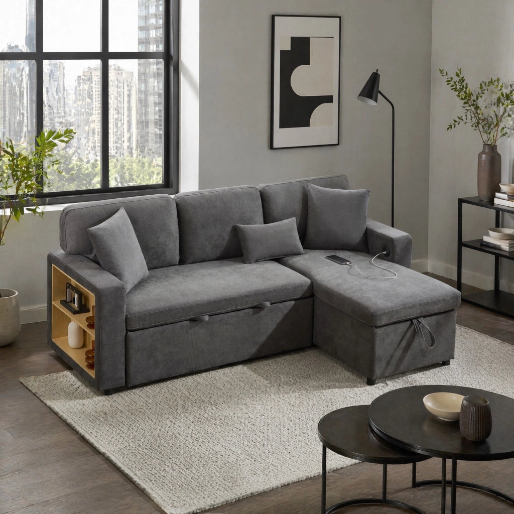 Divano letto angolare 3 posti con contenitore; USB e 3 cuscini; 214 x 131 x 87 cm; grigio scuro