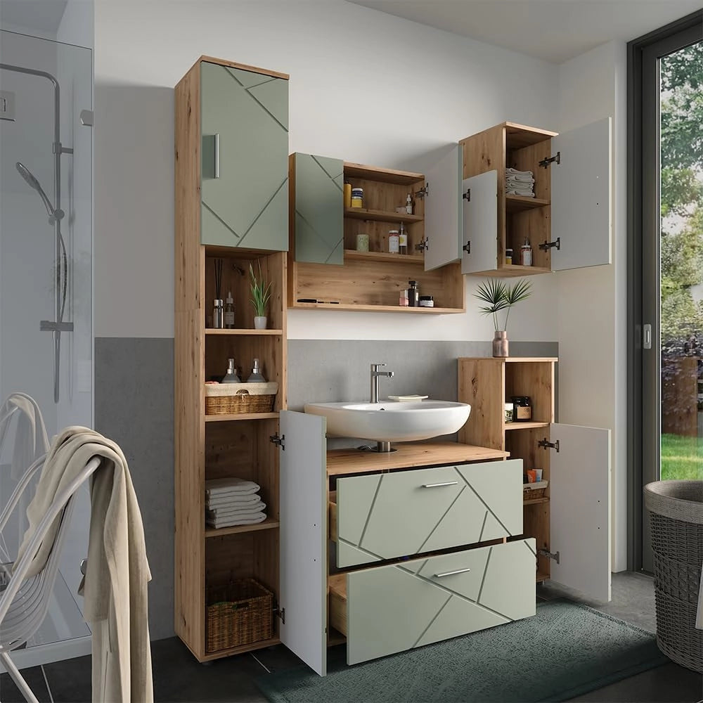 Set di mobili da bagno Irma, Verde salvia, 80 cm, composto da mobile sottolavabo, specchiera, colonna, base media e pensile