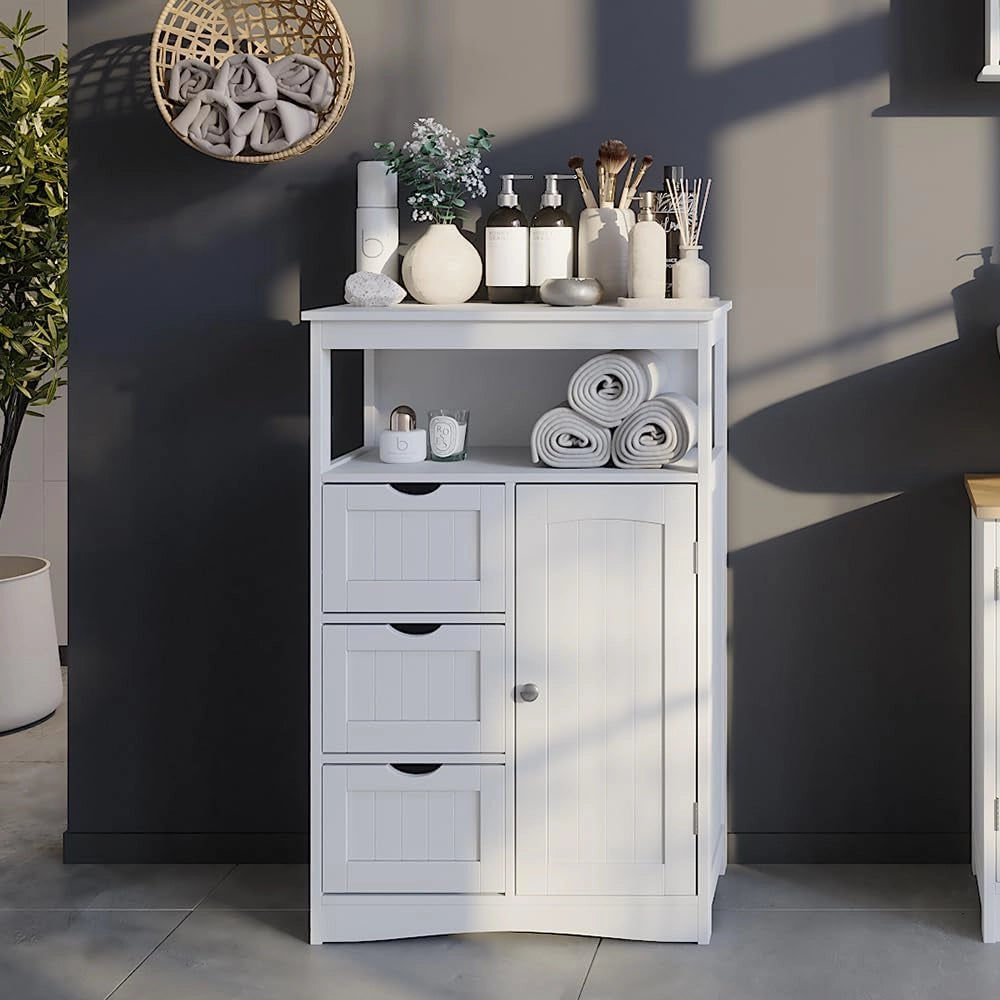 Mobiletto midi Bianco, Bianco, 56 x 86.5 cm con cassetti, per la conservazione di articoli da bagno e asciugamani