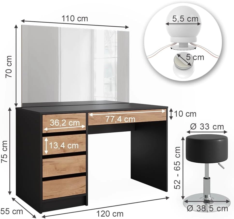 Vicco Tavolo da toilette Sherry, Antracite/quercia dorata, 120 x 75 cm con illuminazione a LED e sgabello