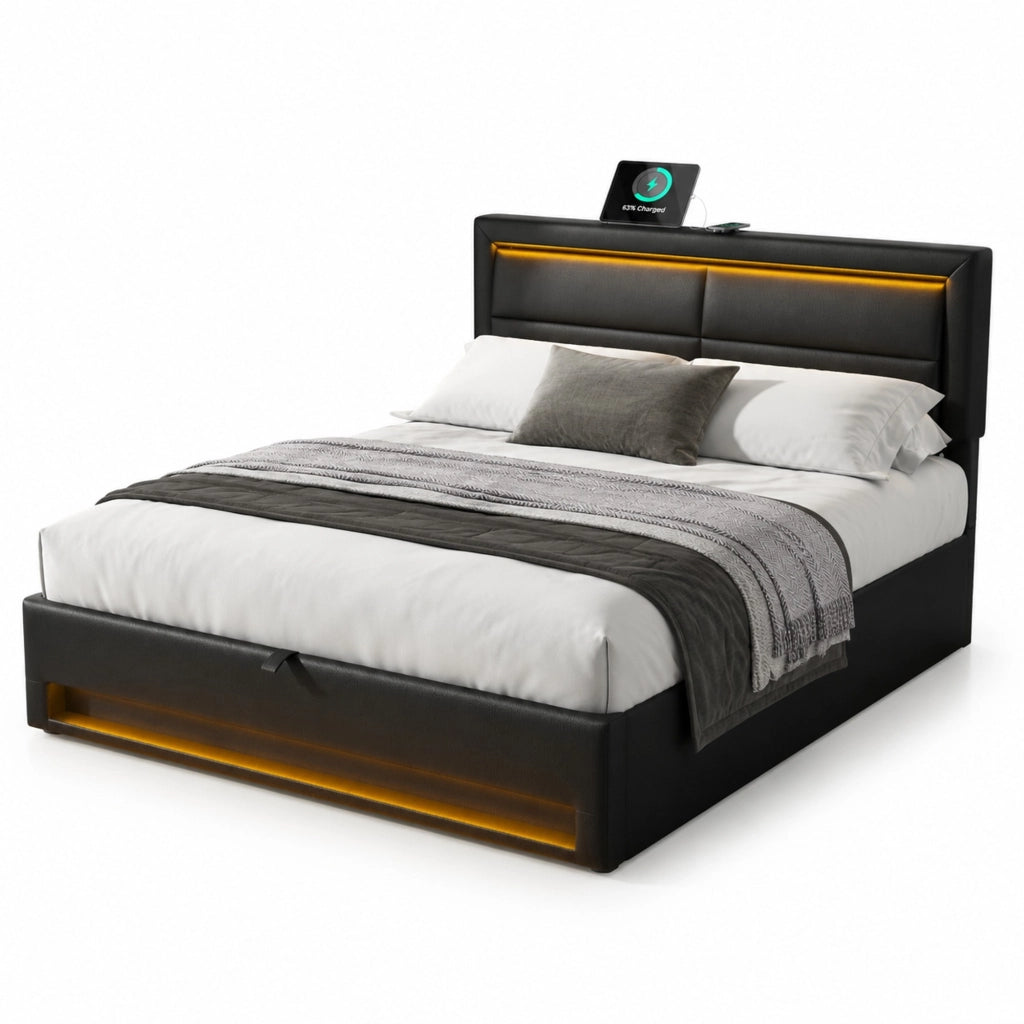 Letto imbottito 140 x 190 cm con USB, LED e contenitore, PU, nero