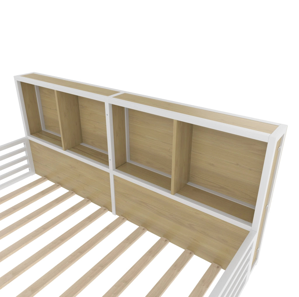 Letto daybed 140x200 cm con sponde di sicurezza; vani laterali e LED; MDF e metallo; bianco
