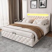 Letto imbottito 160x200 cm in PU bianco con LED; rete a doghe e contenitore