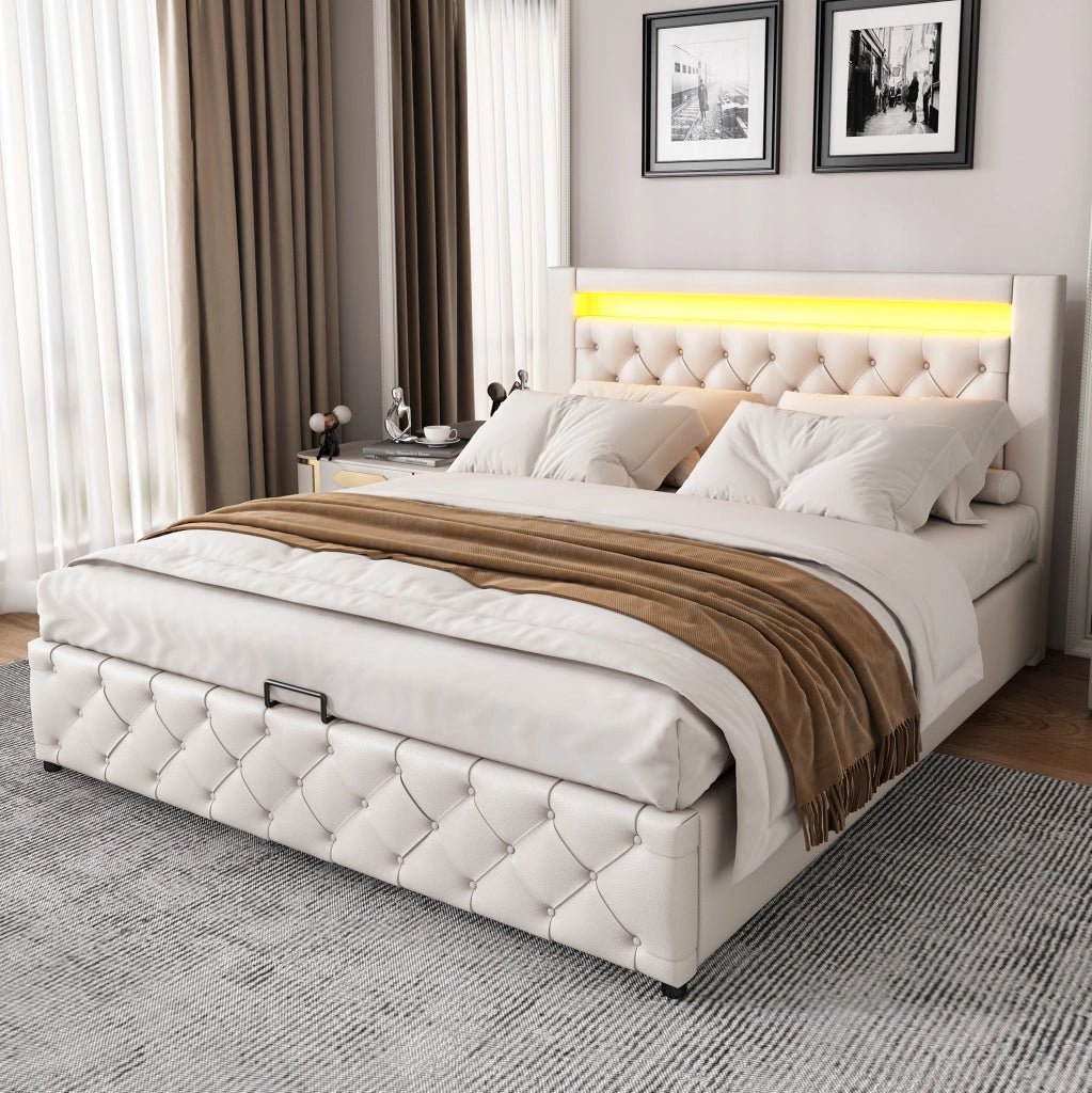 Letto imbottito 160x200 cm in PU bianco con LED; rete a doghe e contenitore