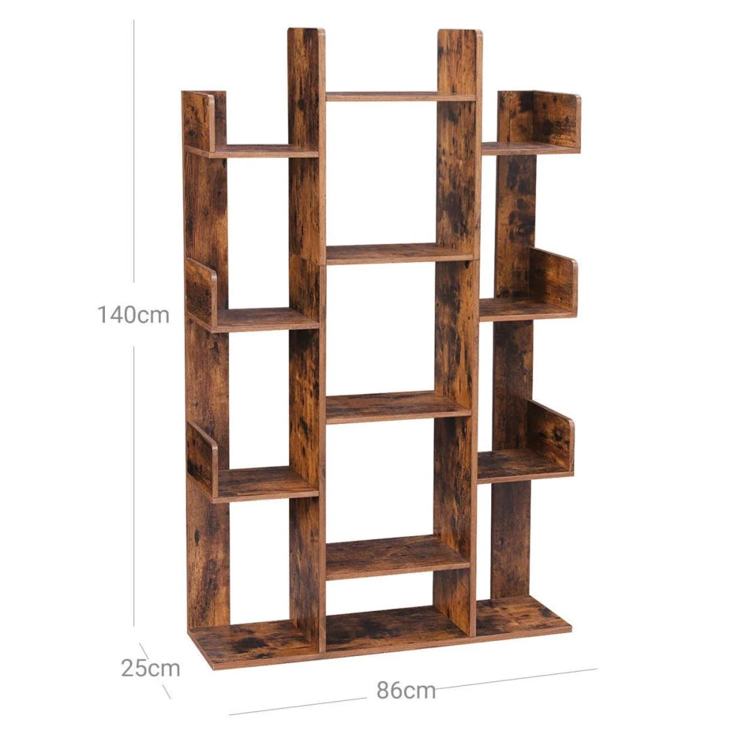 Libreria a forma di albero con 13 scomparti contenitore 86 x 25 x 140 cm con angoli arrotondati e bordi marrone rustico 12_0002827