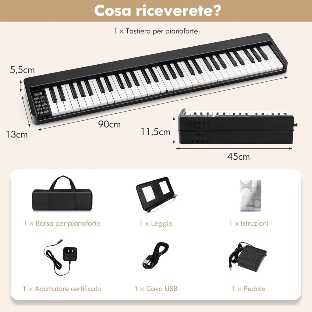 Pianoforte Digitale Pieghevole 61 Tasti, Tastiera Elettronica Portatile, con Tasti a Grandezza Standard Leggio Pedale Sustain MIDI Bluetooth e Borsa, per Principianti Bambini Adulti, Nero