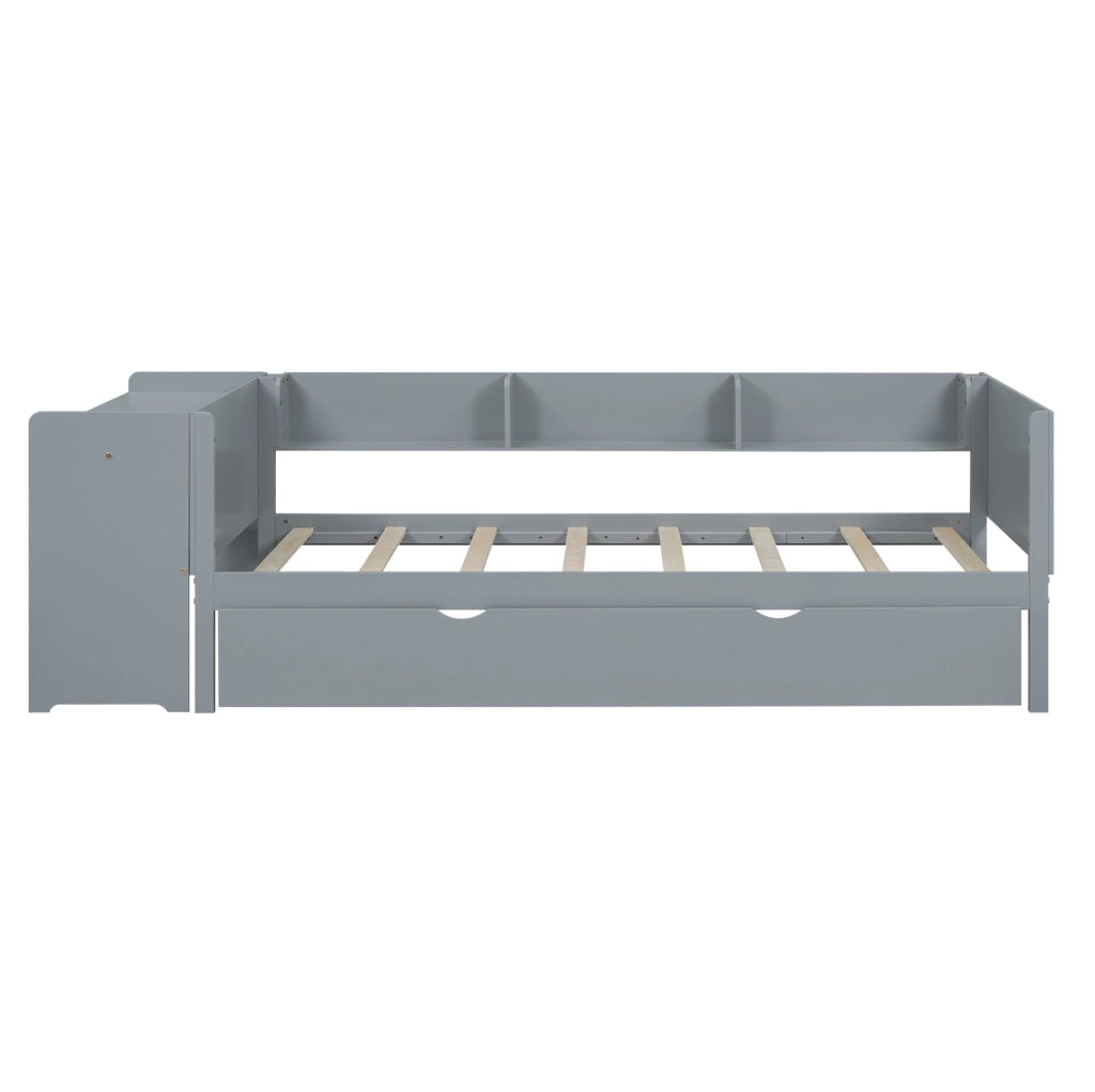 Letto per bambini 90x200 cm con letto estraibile; scrivania e ripiani laterali in legno e MDF grigio