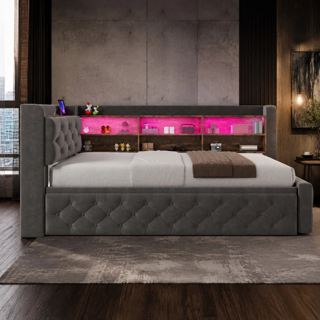 Letto a Divanetto 90x190 cm; Letto Singolo - LED; USB e Type-C - Velluto Grigio