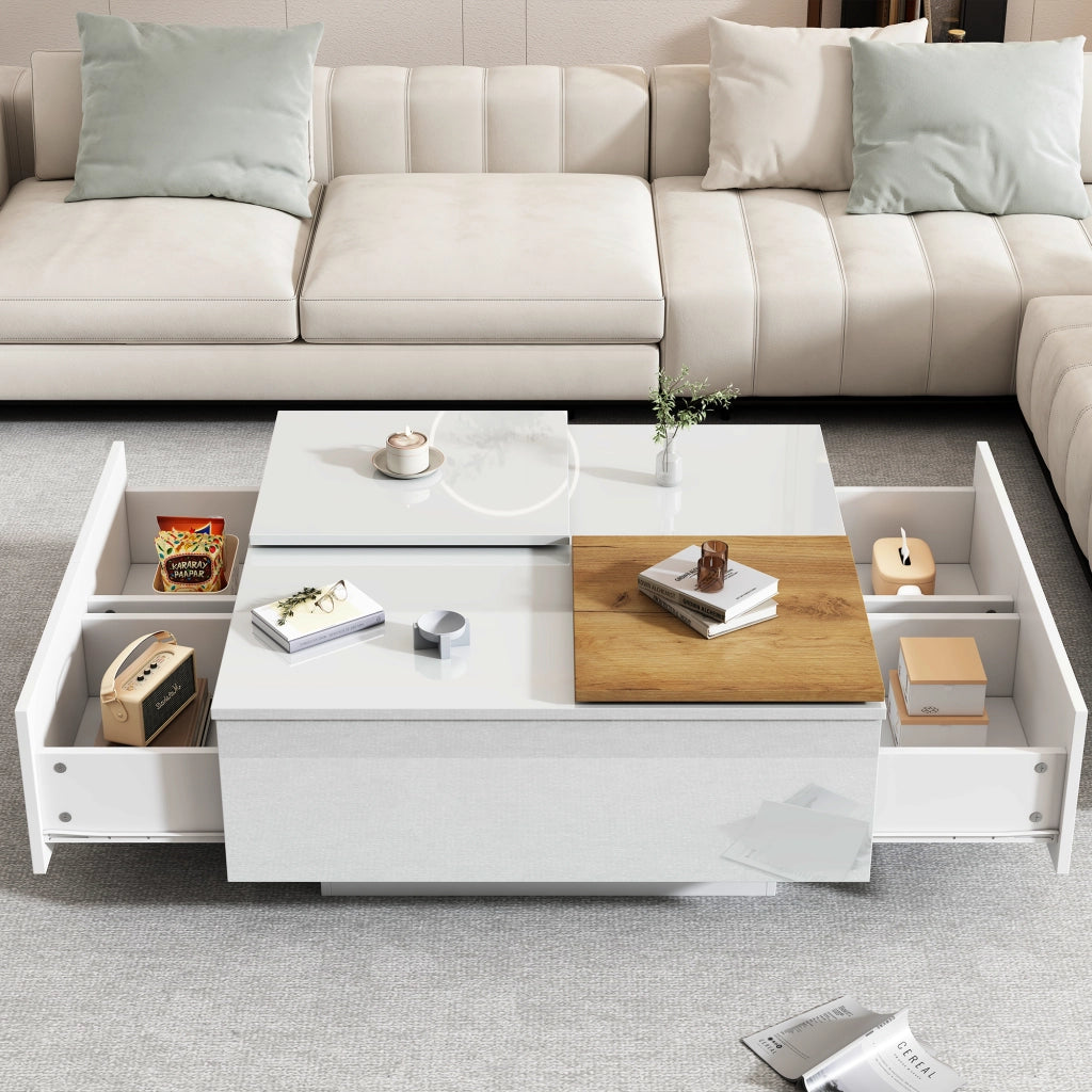 TAVOLINO DA CAFFÈ quadrato lucido bianco 75x75x33,5 cm con 4 cassetti