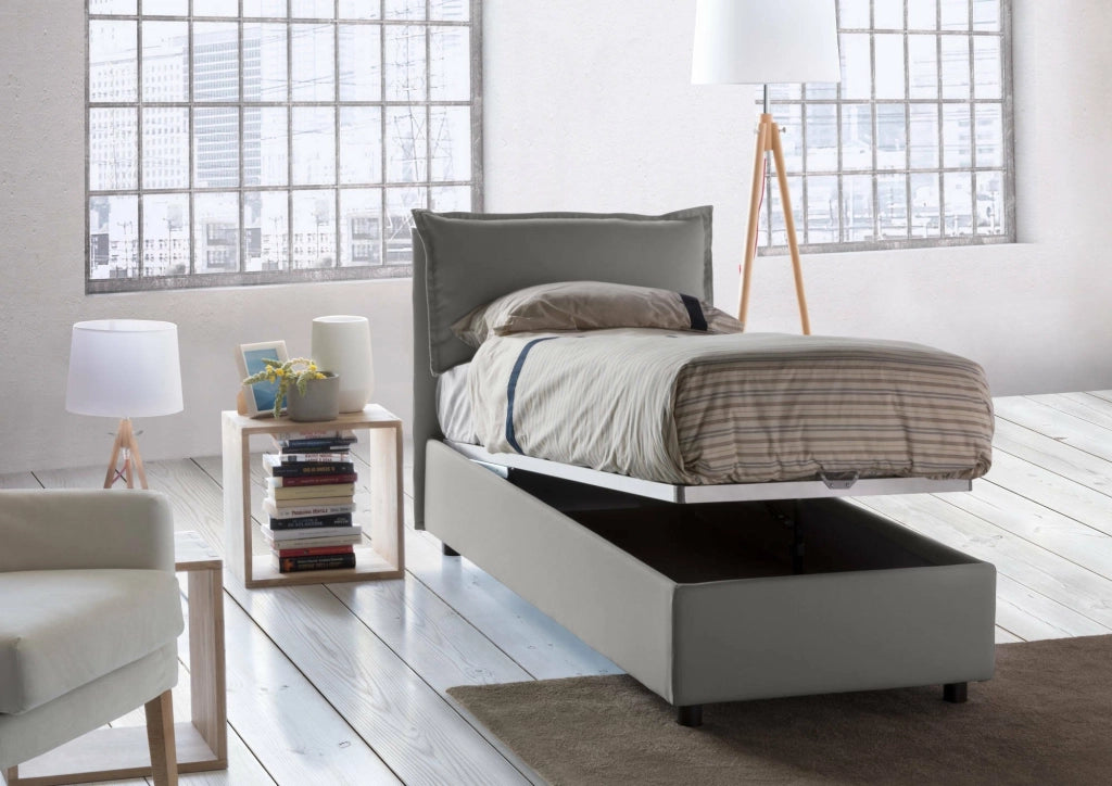 Letto singolo Arzon, Letto contenitore con rivestimento in tessuto, Made in Italy, Apertura frontale, con materasso cm 90x200 incluso, Grigio
