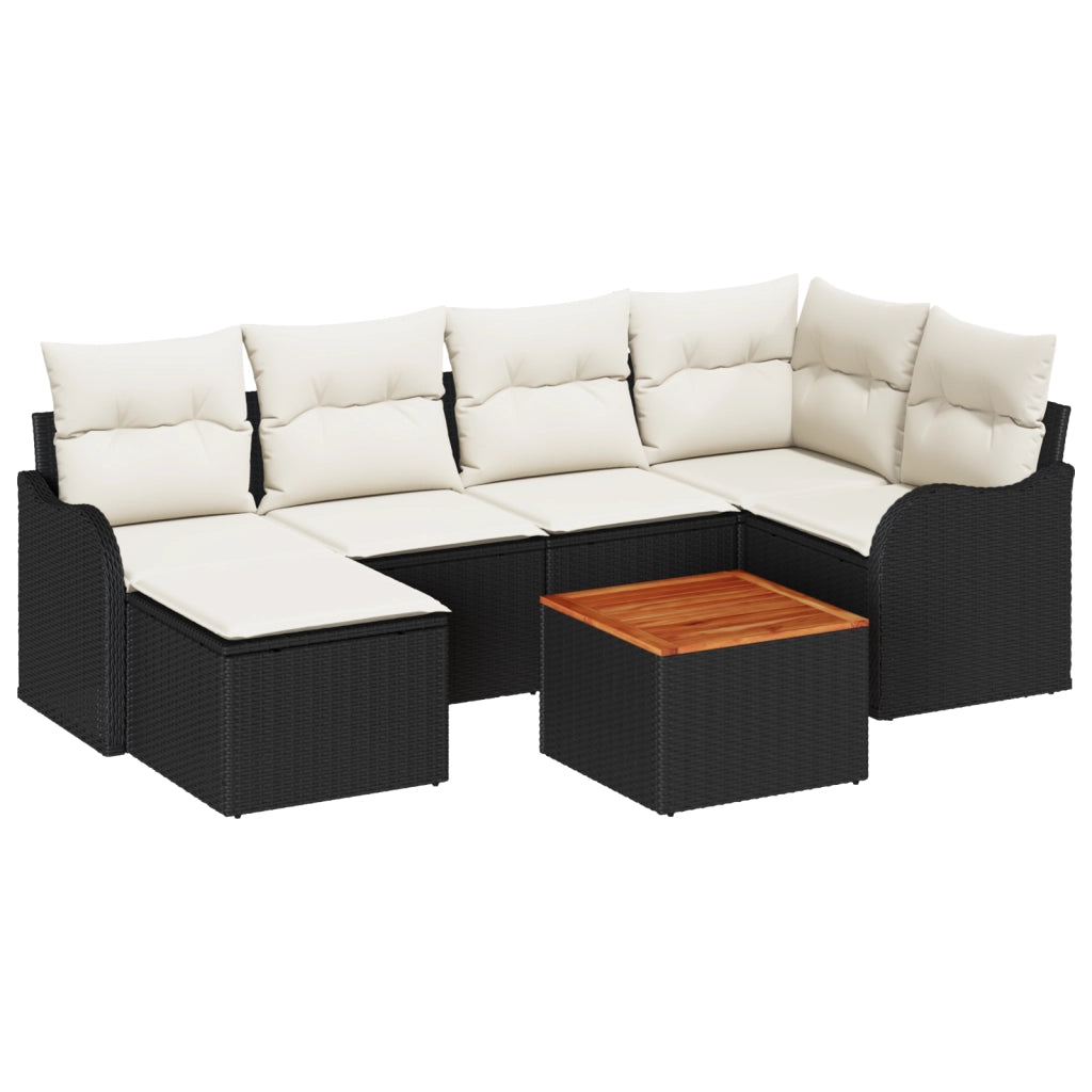 Set Divano da Giardino  da 7 Pezzi con Cuscini Nero Polyrattan Acacia