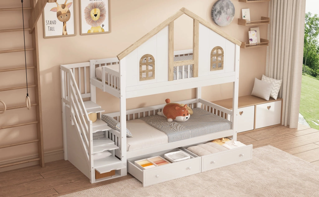 Letto a castello con protezione antifallimento e finestre in legno massello e MDF 90x200 cm