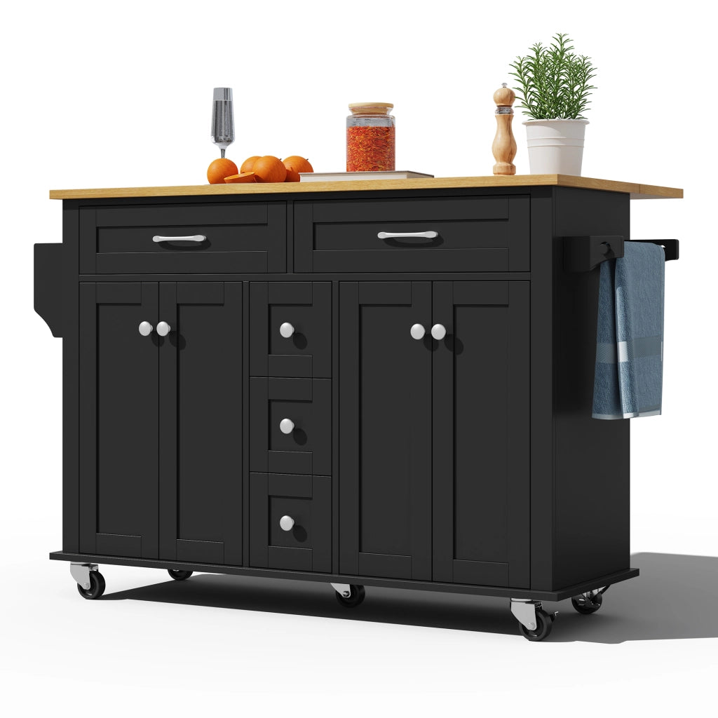 Isola da Cucina Mobile 140x40/65x89 cm Nera e Legno con Piano Ribaltabile, 5 Cassetti e 5 Ruote