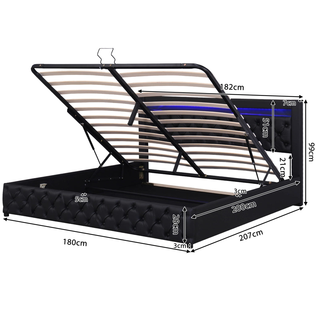 Letto imbottito 180x200 cm con rete, contenitore e luci LED
