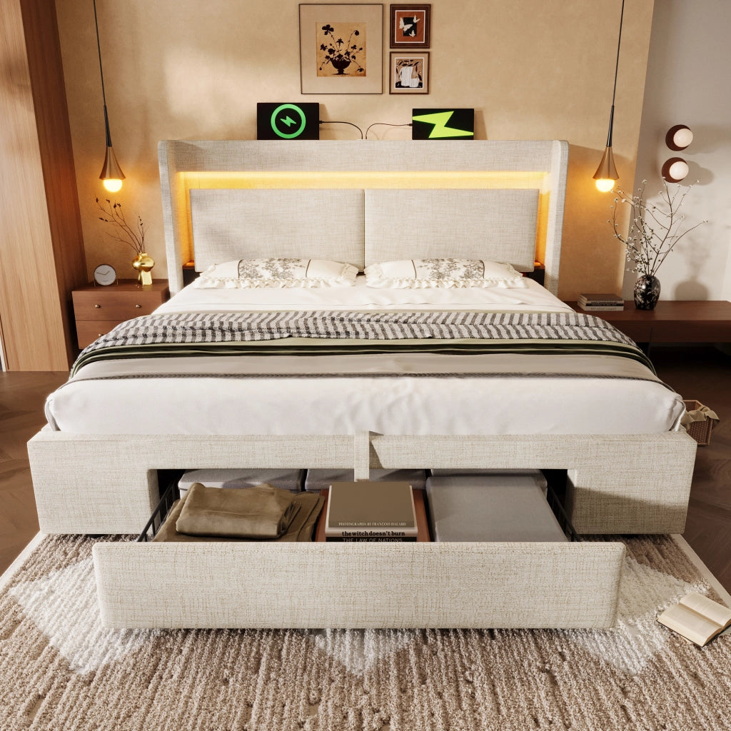 OKWISH Letto Contenitore 140×200 cm, Letto Matrimoniale con USB, Tipo C, LED Regolabile e Contenitore, con Materasso, in Lino, Beige