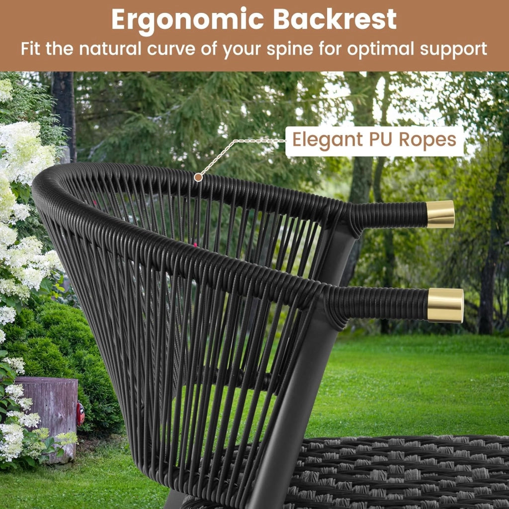 Set di mobili da giardino 3 pezzi, set da bistrot in rattan, 2 sedie imbottite e tavolino da caffè con piano in vetro temperato, per terrazza, patio, balcone, colore nero