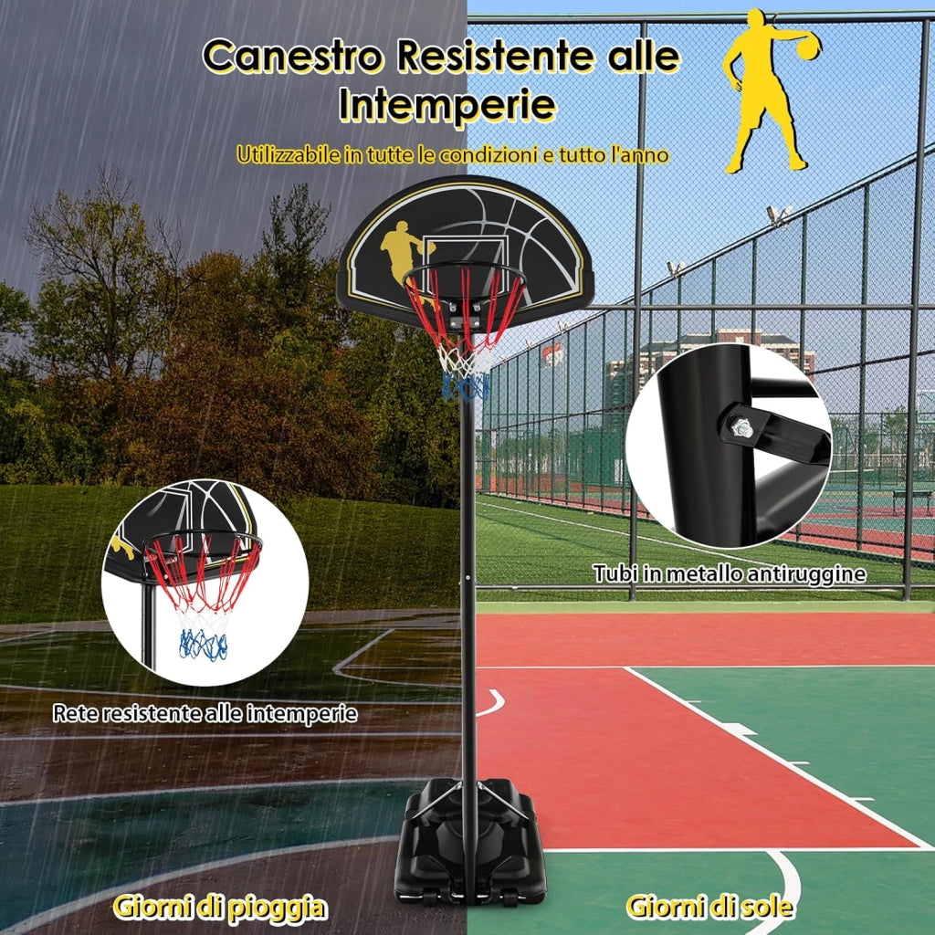 Canestro da Basket Portatile e Regolabile 130-305 cm con Ruote e Base Riempibile, Canestro da Basket Resistente alle Intemperie da Esterno ed Interno per Ragazzi e Adulti