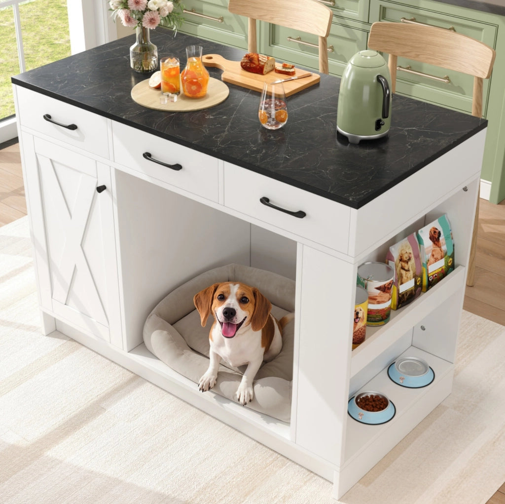 Isola da cucina bianca con 3 cassetti e vano per animali
