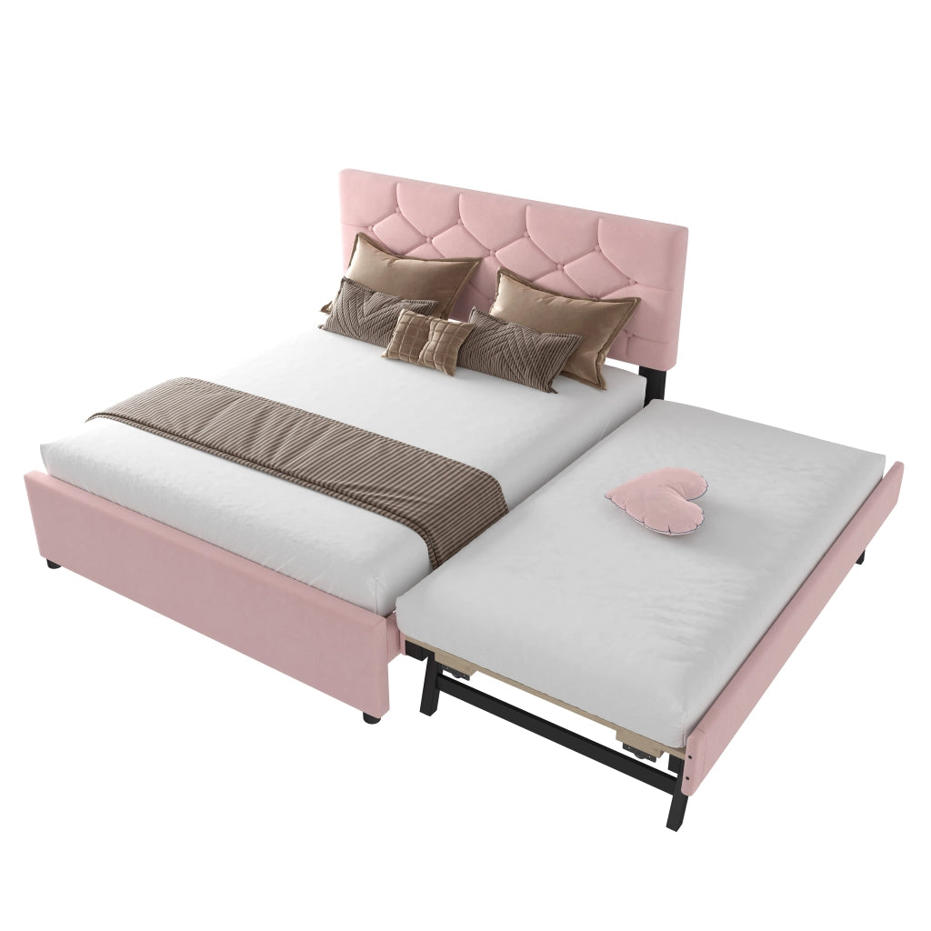 Letto imbottito 140x200cm - Zephmum - Con contenitore a rotelle, velluto, rosa, minimalista