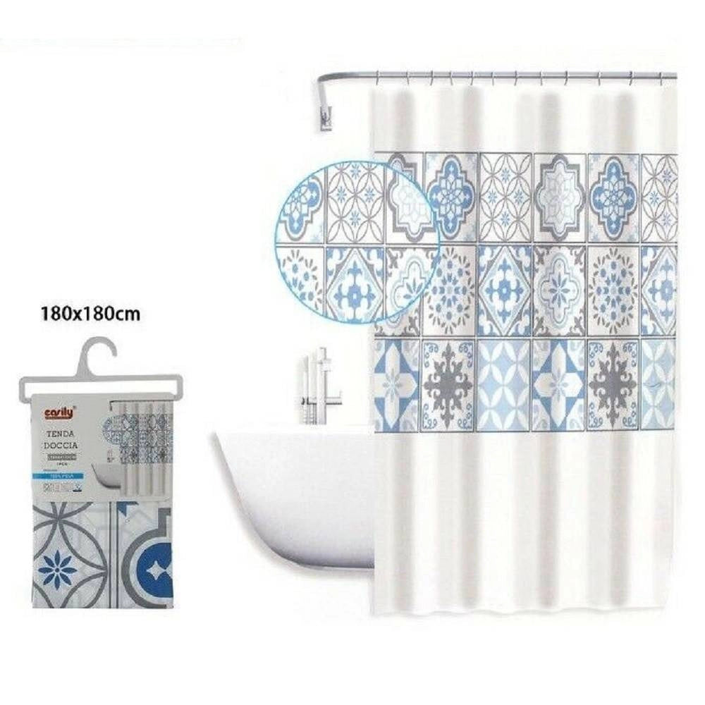 Trade Shop - Tenda Doccia Antimuffa Impermeabile 180x180cm Con Anelli Maioliche Azzurri 59530 -