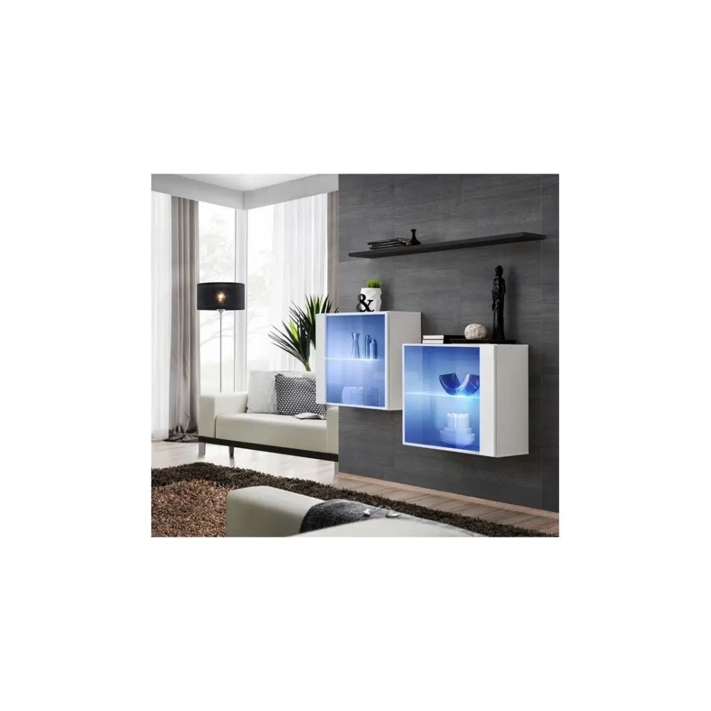 Set salotto SWITCH SBIII bianco lucido, porta in vetro con LED integrato, scaffale nero, design moderno