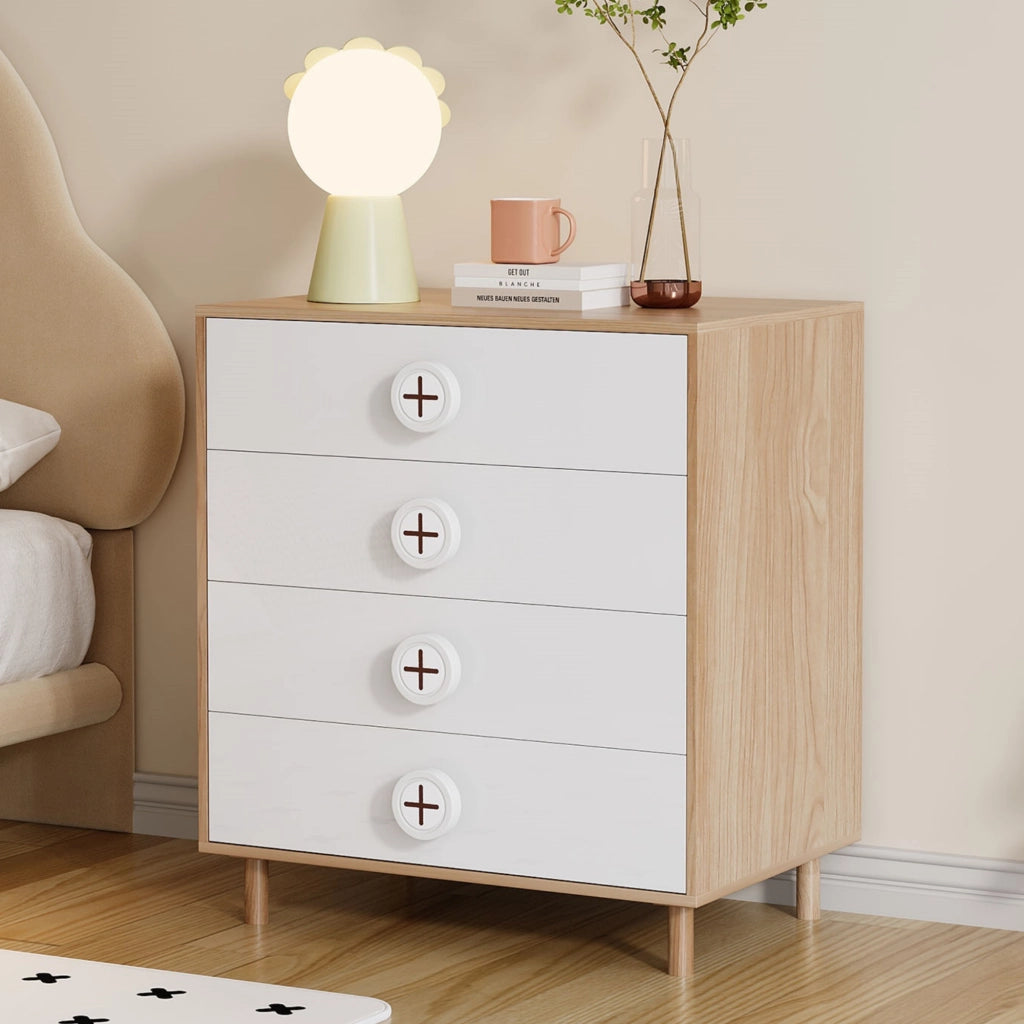 Comò con 4 cassetti e design a contrasto, per camera da letto e soggiorno, in MDF, bianco naturale, 80 × 54 × 90 cm