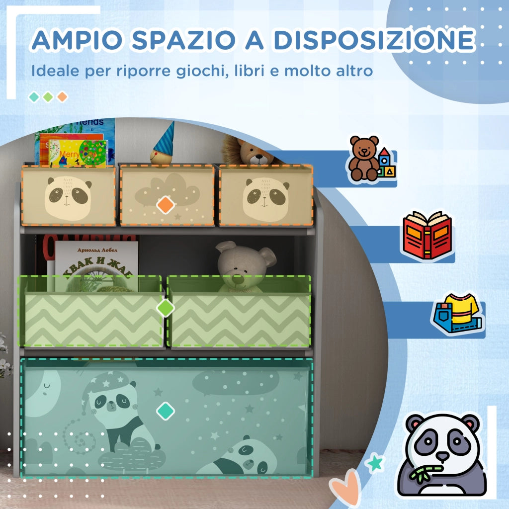 Scaffale Portagiochi per Bambini con 6 Contenitori Rimovibili in Tessuto, 63x30x66cm, Grigio