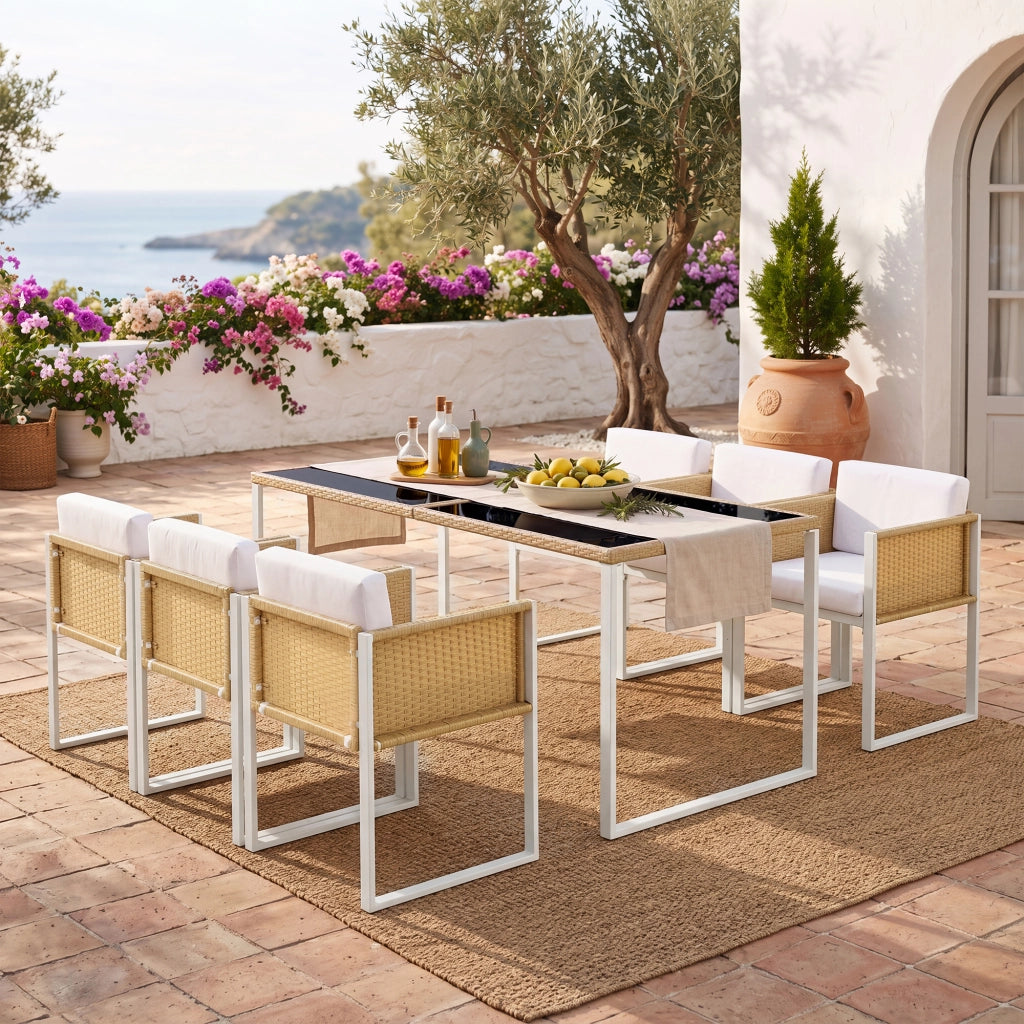 Set tavolo e sedie da esterno 1 tavolo + 6 sedie con cuscini in rattan sintetico; vetro e tessuto marrone e bianco